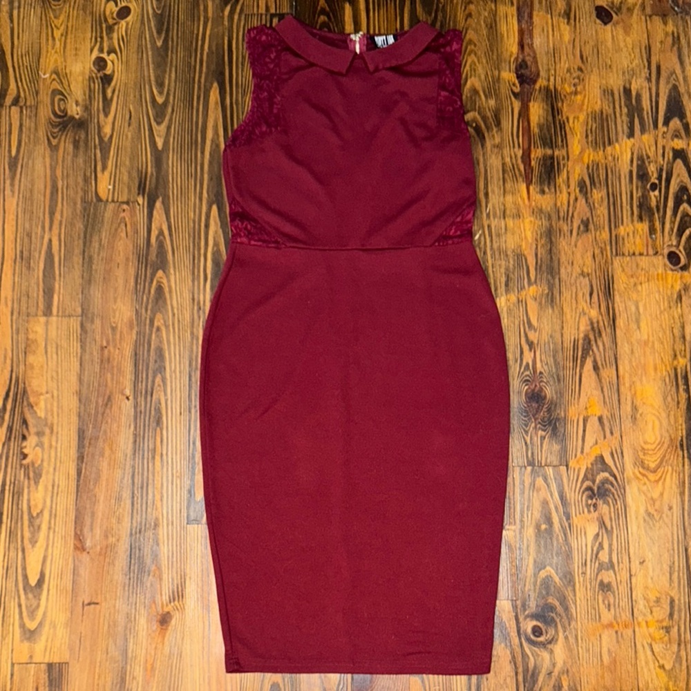 Poppy Lux Burgundy Red Halter Midi Curve Hugging Cocktail Dress w/Lace Detail